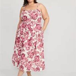 Old Navy Waist-Defined Floral Linen Smocked Midi Cami Dress
